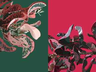Tropical red croton plant fresh card design, high contract red and green color palette, detail exotic botany illustration blank template design, tropic summer vibe © Summer Candy