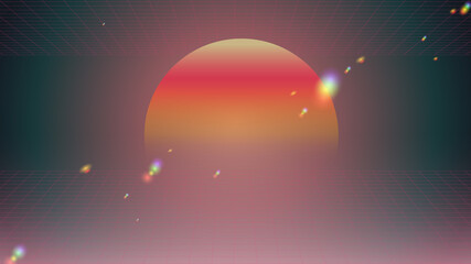 Retrowave space sunset scene with laser perspective grid and rainbow light flare effect, tint neon glow gradient background template, 80s techno aesthetic feeling