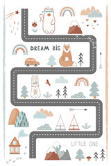 Bream Big, Little One - cute kids poster, mat or tapestry in Scandinavian style. Road, Mountains and Woods Adventure Map. Nursery Print in pastel colors, vector illustration