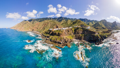 Aerial Western coast view, with mountain Anaga and costal village Almaciga in Tenerife, Canary Islands, Spain © Balate Dorin
