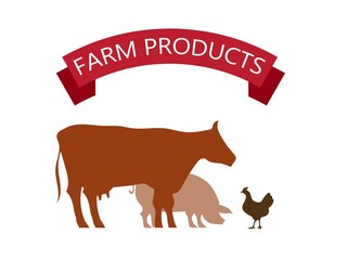Farm products beef pork and chicken vector illustration in flat style.