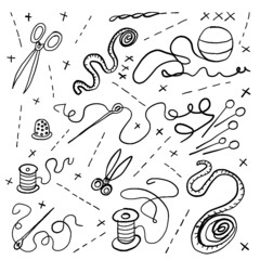everything for sewing, threads, needles, spools, stitches with sewing, threads for knitting, yarn for knitting, knitting needles for knitting, yellow, light green, red background