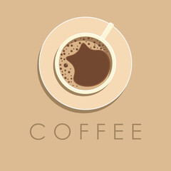 Coffee logo in a flat style with an inscription. A cup on a saucer is milky. Vector illustration