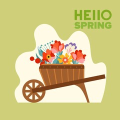 Garden wheelbarrow with flowers hello spring. Vector illustration in flat style.