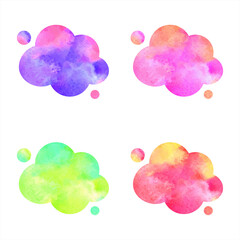 Colorful watercolor vector clouds and dots set. Graphic design elements collection. Colourful watercolour stains figured text backgrounds, frames or banners. Speech bubbles templates.