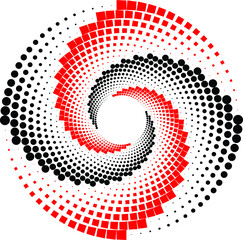  Black and red halftone dots in vortex form. Geometric art. Trendy design element.Circular and radial lines volute, helix.Segmented circle with rotation.Radiating arc lines.Cochlear