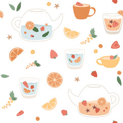 Teapot with herbal and fruit beverage. Tasty summer or spring vector illustration with tea in cups, berries, leaves, orange and lemon slices. Refreshing, juicy drinks. Seamless pattern in flat style.