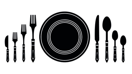 Restaurant menu black white icon Plate with fork knife