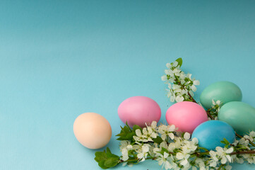 Easter eggs and blossoming branches in the rays of the spring sun on a blue background. Postcard with place for your text