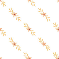 Watercolor floral pattern on white background, botanical pattern with yellow flowers and leaves for fabric, paper products, textiles, etc.