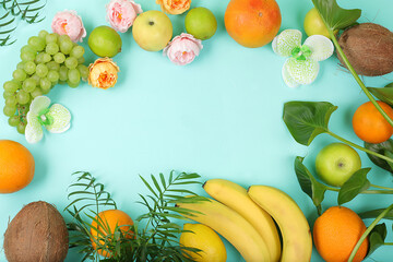 Detox diet and weight loss concept. summer tropical fruits on bright table with place for text, top view, healthy and natural food, source of vitamin C, banner for shop, selective focus