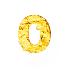 Number zero made of corn flakes, paper cut in shape of null numeral isolated on white. Typeface for...