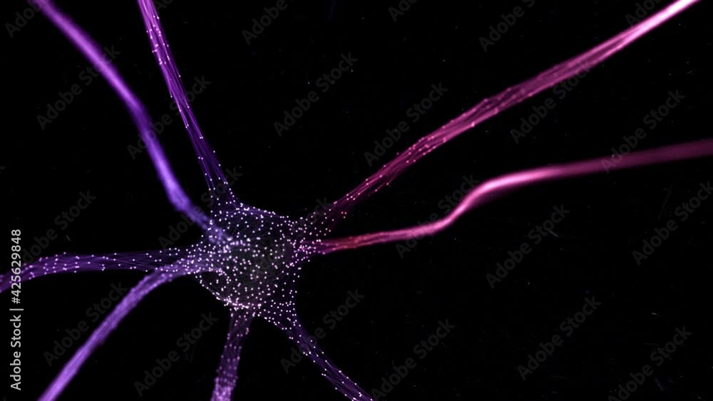 Poster multicolor flickering neuron cell on black background with copy space.
