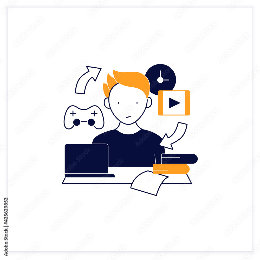 Poster procrastination habit flat icon. routine procrastinating process. day plan. daily habits. overload c