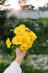 Bouquet of wild flowers in hand.