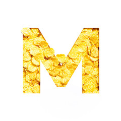 Letter M of alphabet made of bio cereals corn flakes and paper cut isolated on white. Typeface for healthy food store
