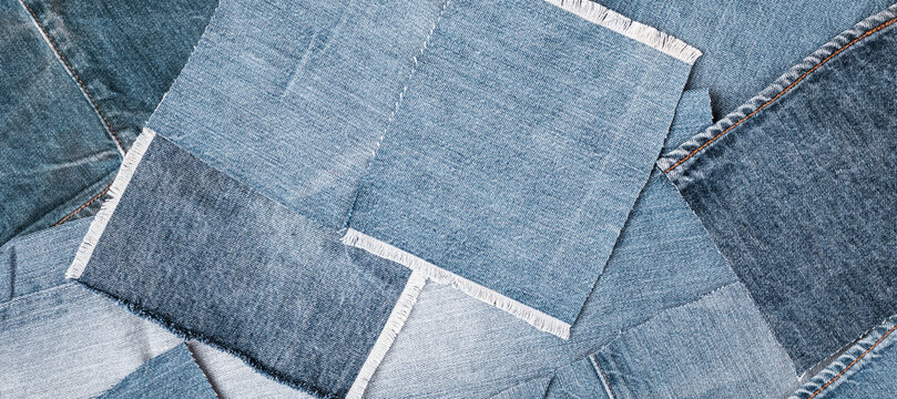 Abstract background with old denim. Recycling old jeans, sustainable zero waste lifestyle. Banner