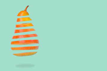 Minimal idea with Floating levitating ripe pear on pastel green background