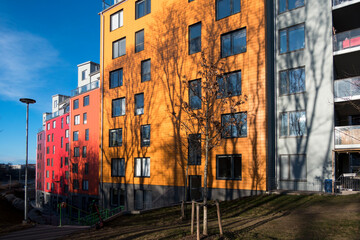 Stockholm, Sweden April 5, 2021 Colorful residential buildings in the Arstadal neighborhood.