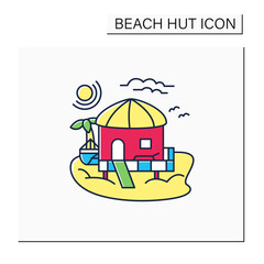 Beach hut color icon.Tropical comfortable bungalow on beach. Round roof. Palms, seascape. Relaxing place. Rest concept. Isolated vector illustration