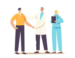 Patient Character Gratitude Doctor with Shaking Hand for Treatment, Consultation or Medical Aid. Medicine, Health Care