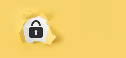 Cyber security network. Padlock icon and internet technology networking. Data protection privacy concept. GDPR. EU. Torn yellow paper with question mark on white background.
