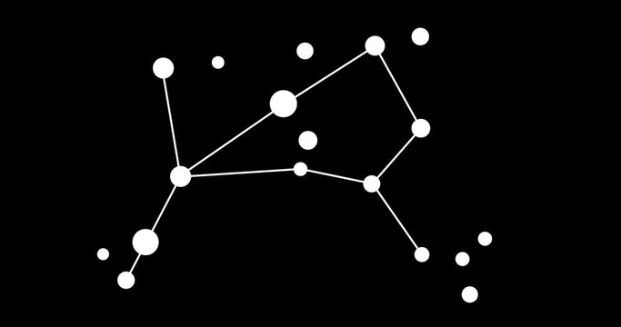 Bootes constellation. Stars in the night sky. Constellation in line art style in black and white. Cluster of stars and galaxies. Horizontal composition, 4k video quality