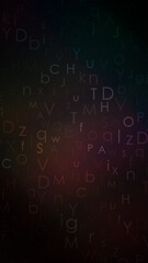 Alphabet colorful dark background. Gradient random floating letters.