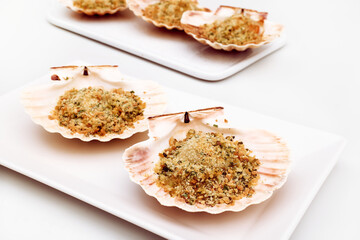 Backed scallops in shells on white background. Scallops au gratin on white plate. Mediterranean seafood. Fresh Shellfish. Aequipecten opercularis. Pecten Jacobaeus