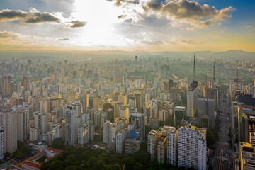 buildings in the Jardins district with Pico do Jaragua in the background, São Paulo, SP, Brazil, sunset with clouds