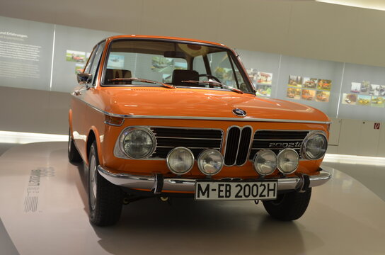 Munich, Germany - March 16, 2014: Front view of orange BMW 2002 ti BMW Museum