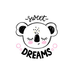 Cute koala bear illustration. Doodle cartoon sleeping animal card. Sweet Dreams lettering. © yana2607