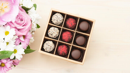 Luxury Chocolate Box assorted with bouquet of flowers. Handmade chocolates candy - gift for celebration