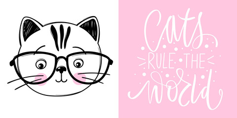Cat with glasses vector illustration. Hand drawn Stylish kitten. Doodle Kitty. Cartoon animal isolated on white.