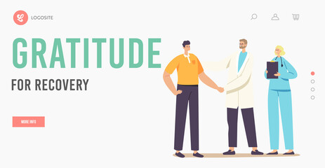Patient Male Character Gratitude Doctor with Shaking Hand for Treatment and Recovery Landing Page Template, Consultation