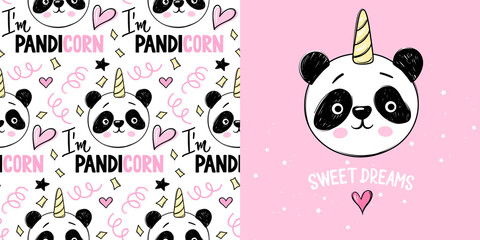 Vector illustration with cute pandicorns. Im Pandicorn and Sweet Dreams inscriptions