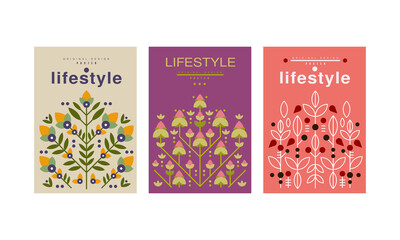 Lifestyle Card Templates Set, Ecology, Environmental Protection, Healthy Lifestyle Banners with Floral Design Vector Illustration