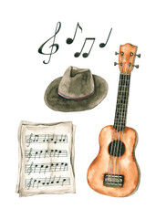 Watercolor set with ukulele, notes, sheet music, hat. Hand drawn illustrations are isolated on white. Music collection is perfect for poster, postcard, banner, invitation