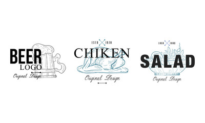 Food Logo Original Design Templates Collection, Beer, Chicken, Salad Labels Vector Illustration