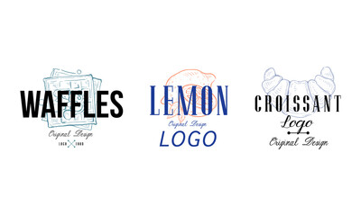 Food Logo Original Design Templates Set, Waffle, Lemon, Croissant Labels Vector Illustration