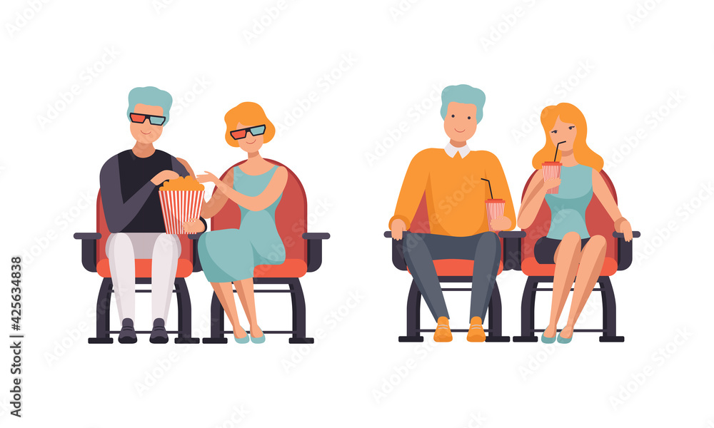 Sticker Couples Watching Film in Movie Theater Set, Front View of Happy Young Men and Women Sitting in Cinema Hall Flat Vector Illustration