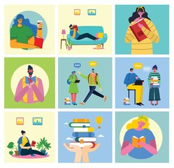 Set of people, men and women with different signs. Vector graphic objects for collages and illustrations.