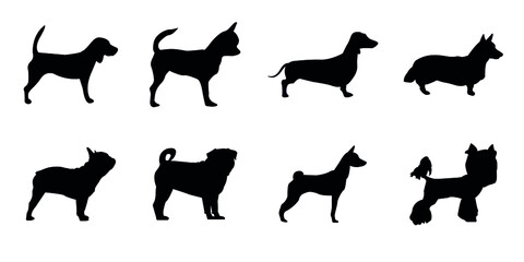 set of icons with dogs of different breeds in black color
