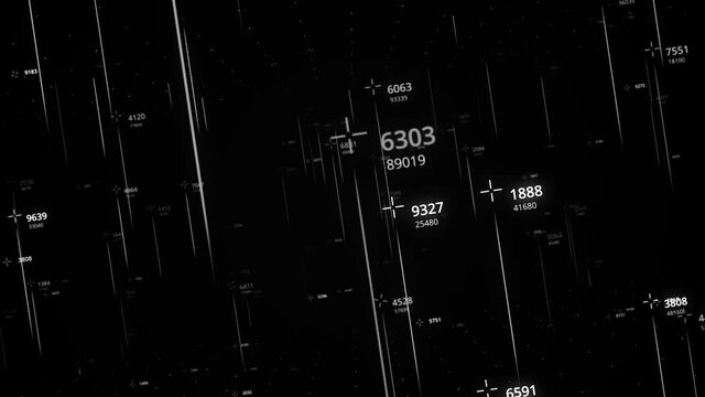 Numbers with lines on black background. Animation. Changing numbers with parallel lines flying in dark space. Lines with numbers move in space of matrix
