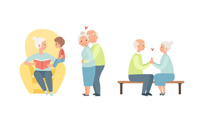 Happy Grandparents Set, Elderly Loving Family Couple, Grandma Reading Book to her Grandson Cartoon Vector Illustration