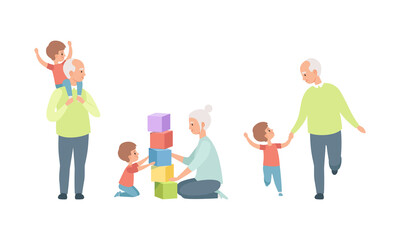 Elderly Loving Couple Set, Happy Grandparents Relationship, Grandma and Grandpa Having Good Time with their Grandson Cartoon Vector Illustration