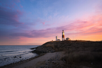 Colorful sunset at Montauk lighthouse in New York
