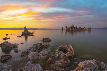 Beautiful dusk colors at Mono Lake with Tufa in the foreground