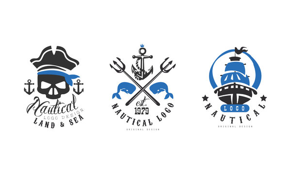 Nautical Logo Design Templates Set, Land and Sea Retro Labels, Nautical Company, Corporate, Products Identity Badges Vector Illustration