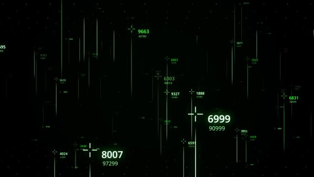 Numbers with lines on black background. Animation. Changing numbers with parallel lines flying in dark space. Lines with numbers move in space of matrix